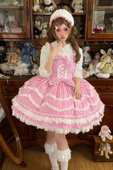 Robe Lolita douce à carreaux roses avec nœud à volants et laçage